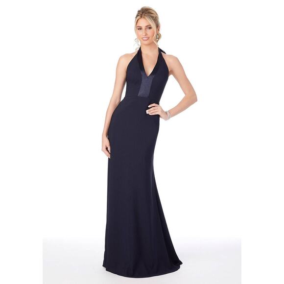 NWOT Morilee Navy Blue V-neck Halter Dress in Crepe Back Satin Size 10 - Picture 1 of 3